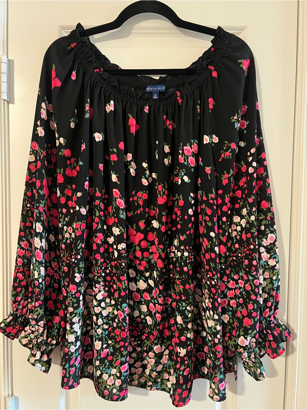 Talbots Black Floral Blouse with Ruffle Neck